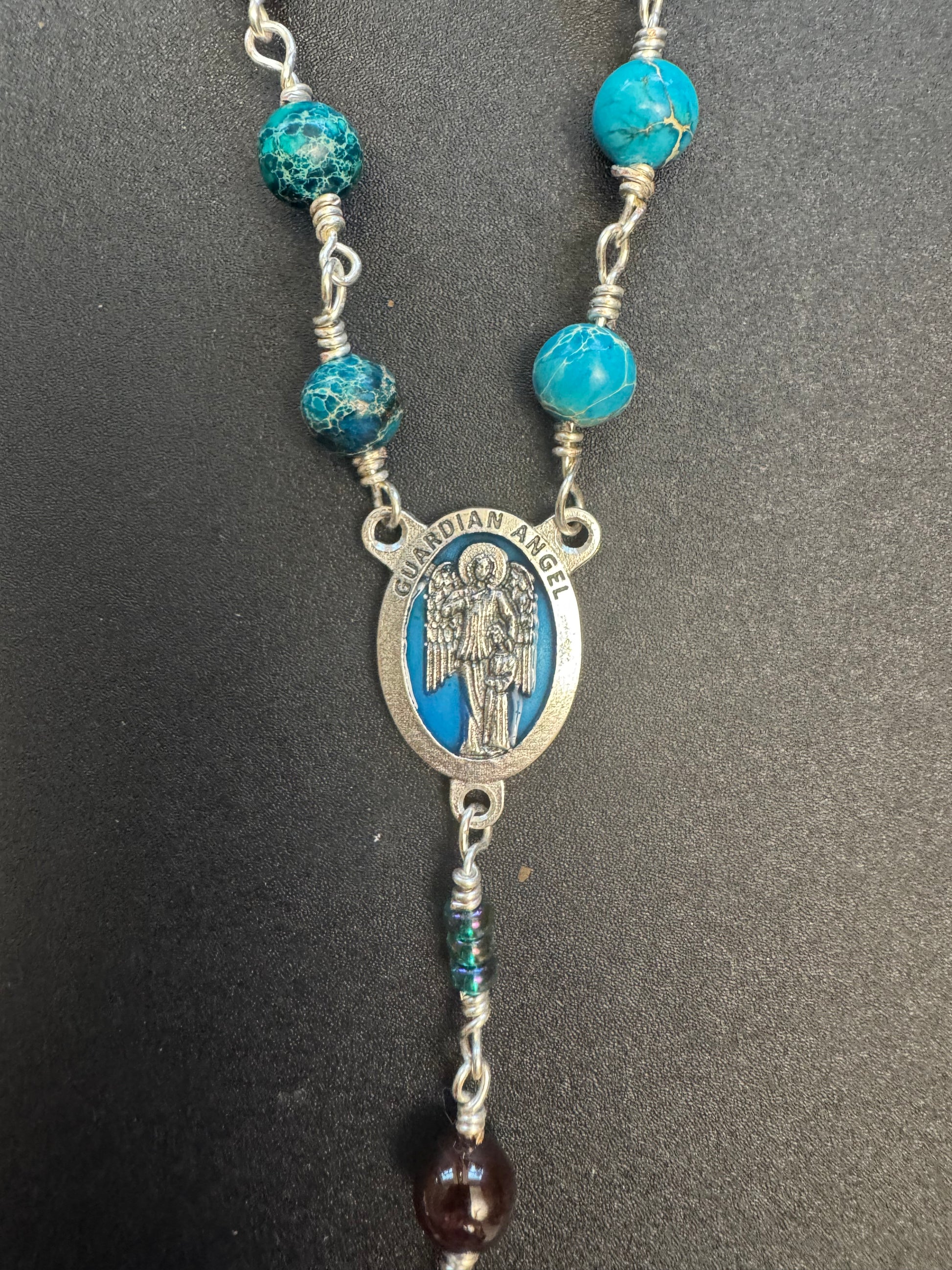 Blue guardian angel centerpiece on Ocean jasper single decade rosary