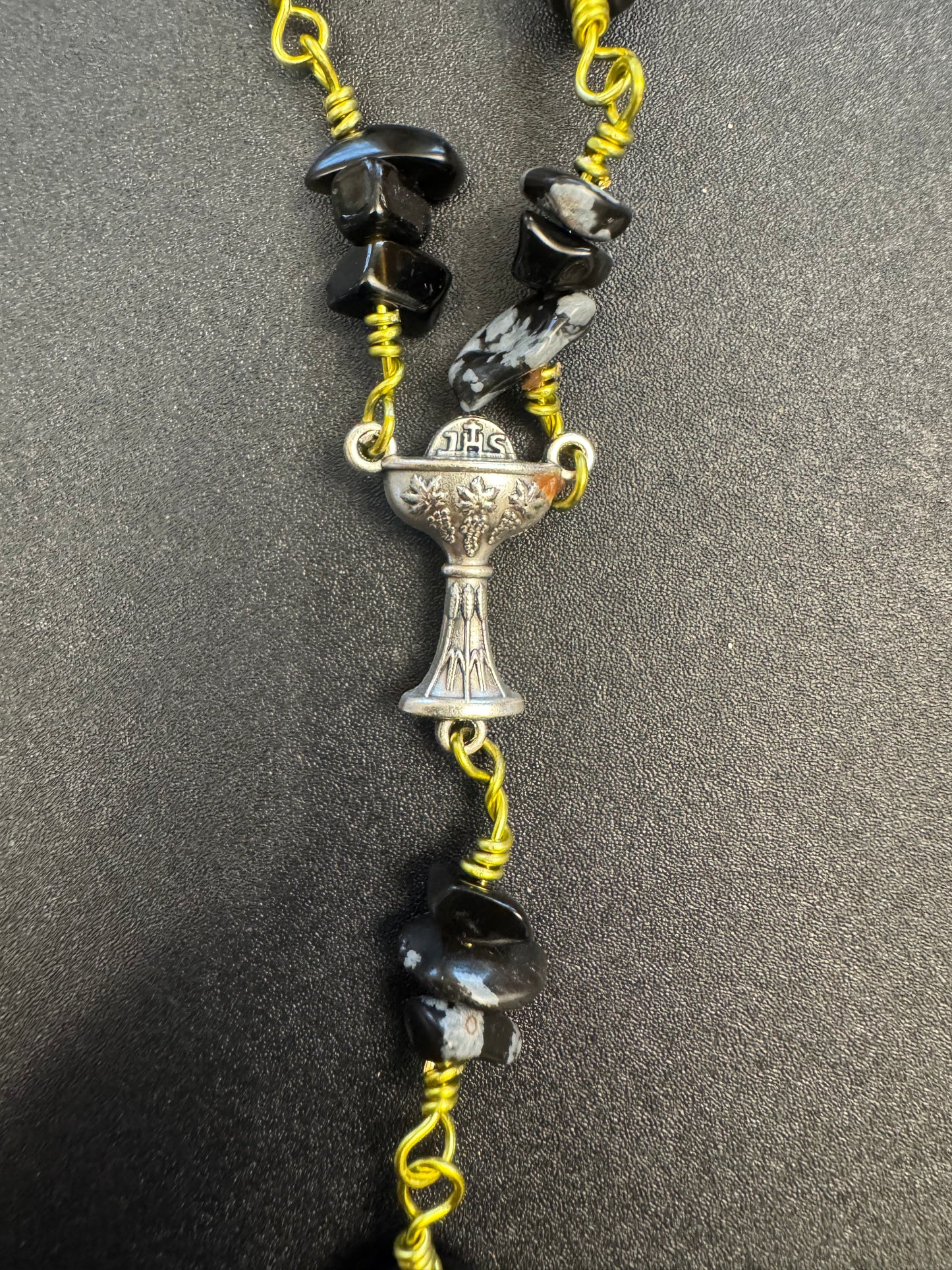 Chalice centerpiece on single decade rosary with matte black agate and green serpentine beads with lime green colored wire