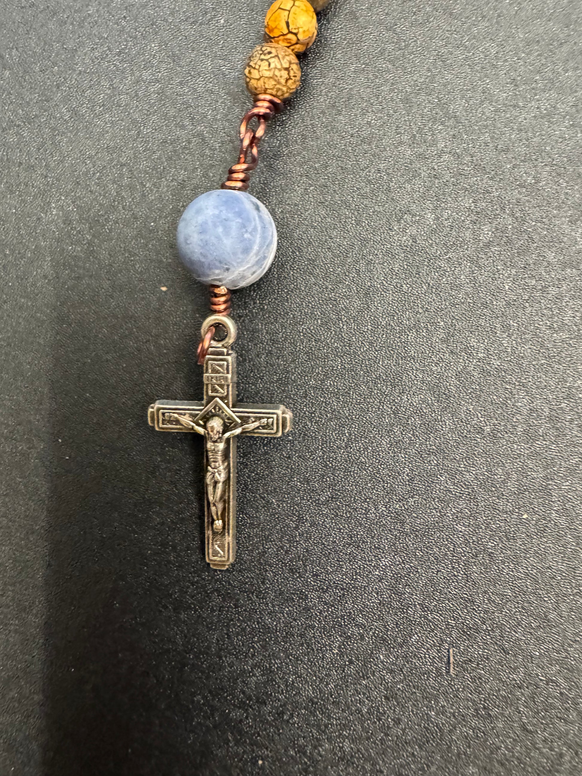crucifix on blue matte jasper and sodalite bead single decade rosary