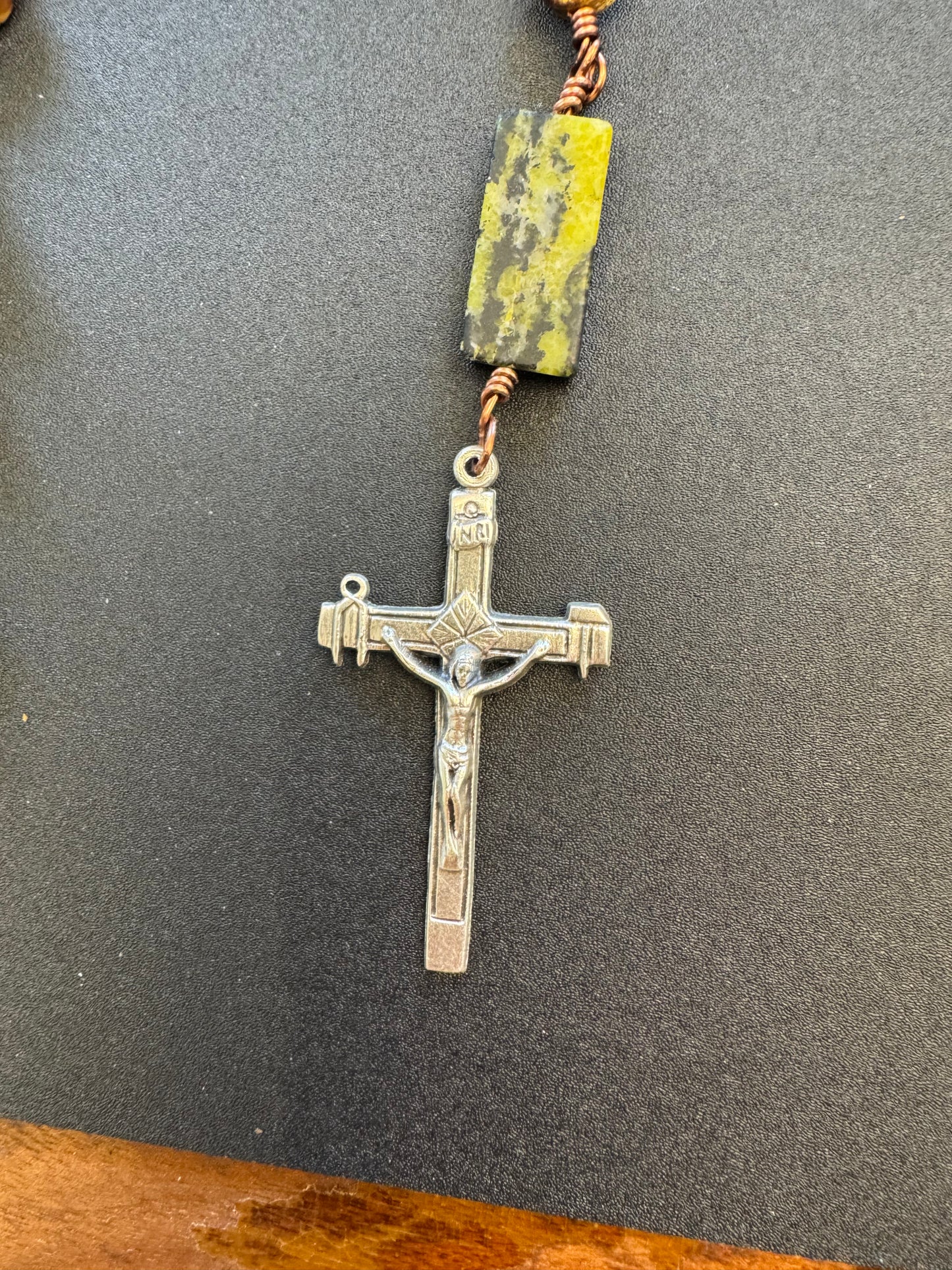 Crucifix on Flat jasper and serpentine bead full size rosary