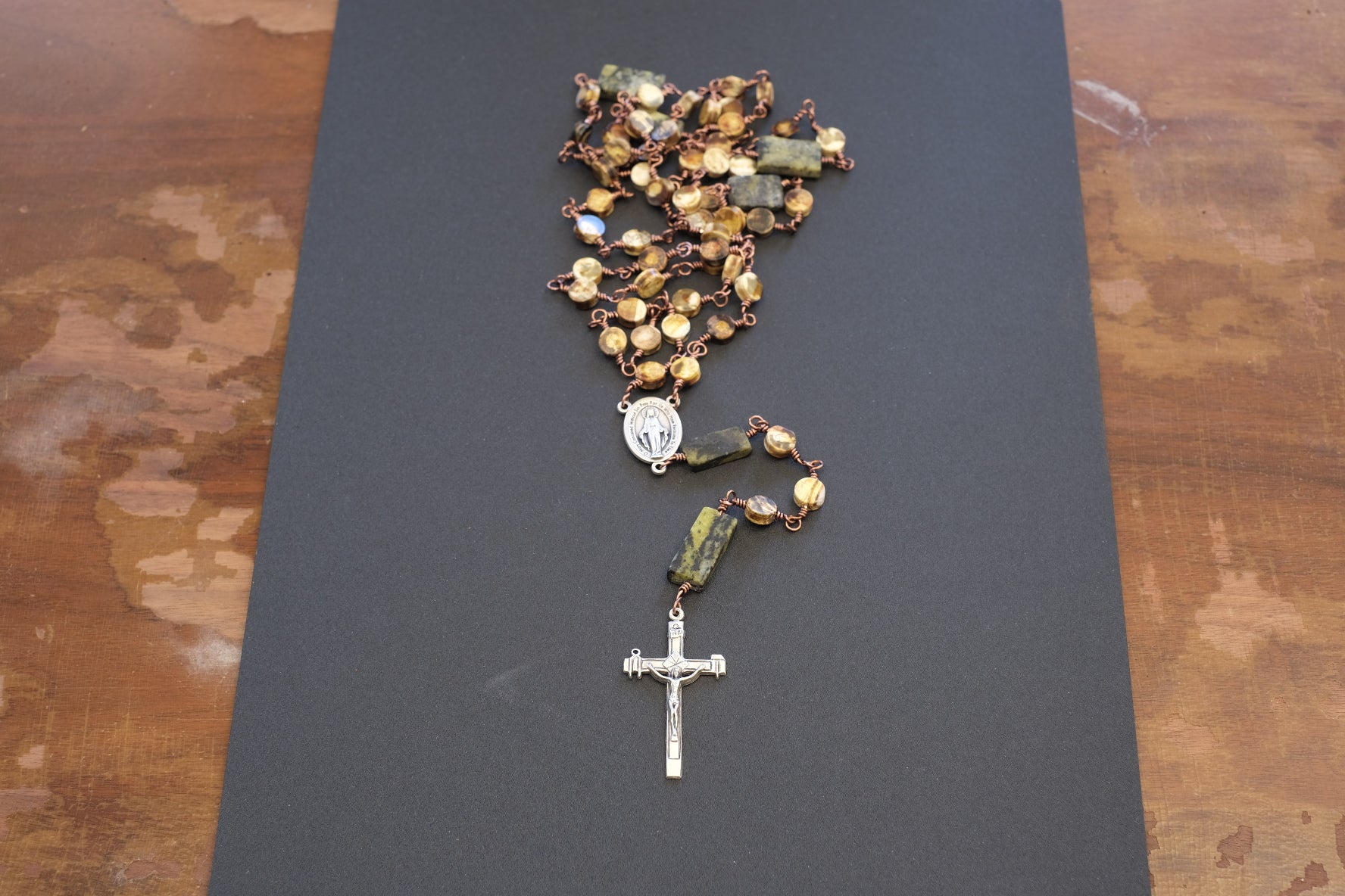 Brown Flat jasper and green serpentine bead full size rosary