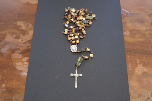 Brown Flat jasper and green serpentine bead full size rosary