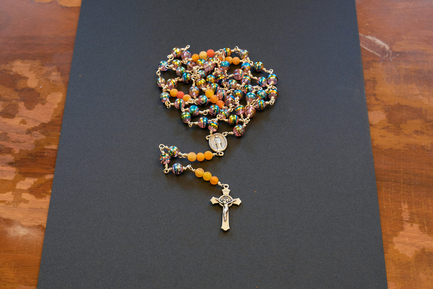 full size rosary with multicolored glass and orange agate beads