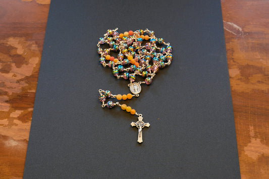 full size rosary with multicolored glass and orange agate beads