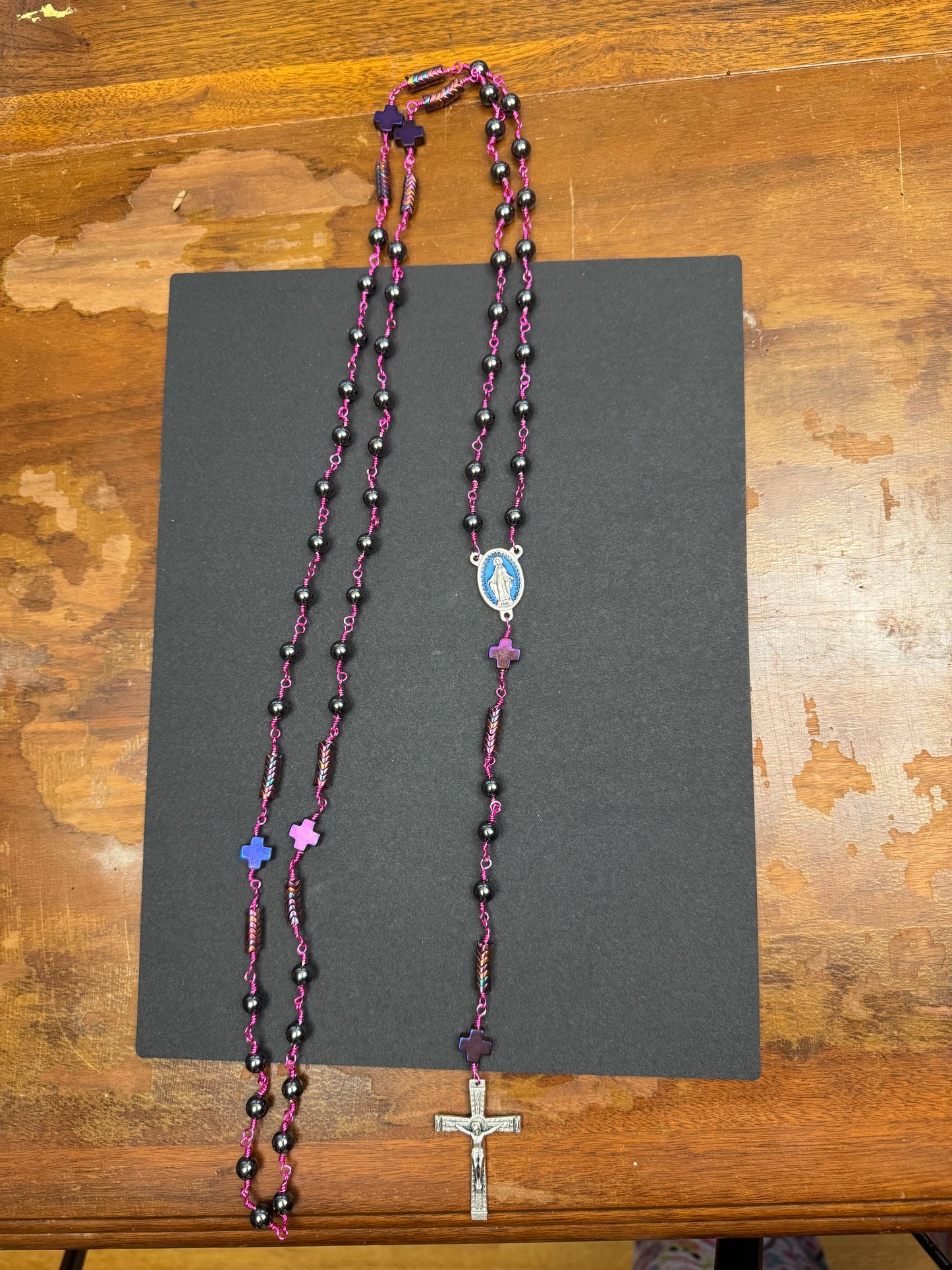 Fuchsia Hematite Miraculous Medal Unbreakable Rosary