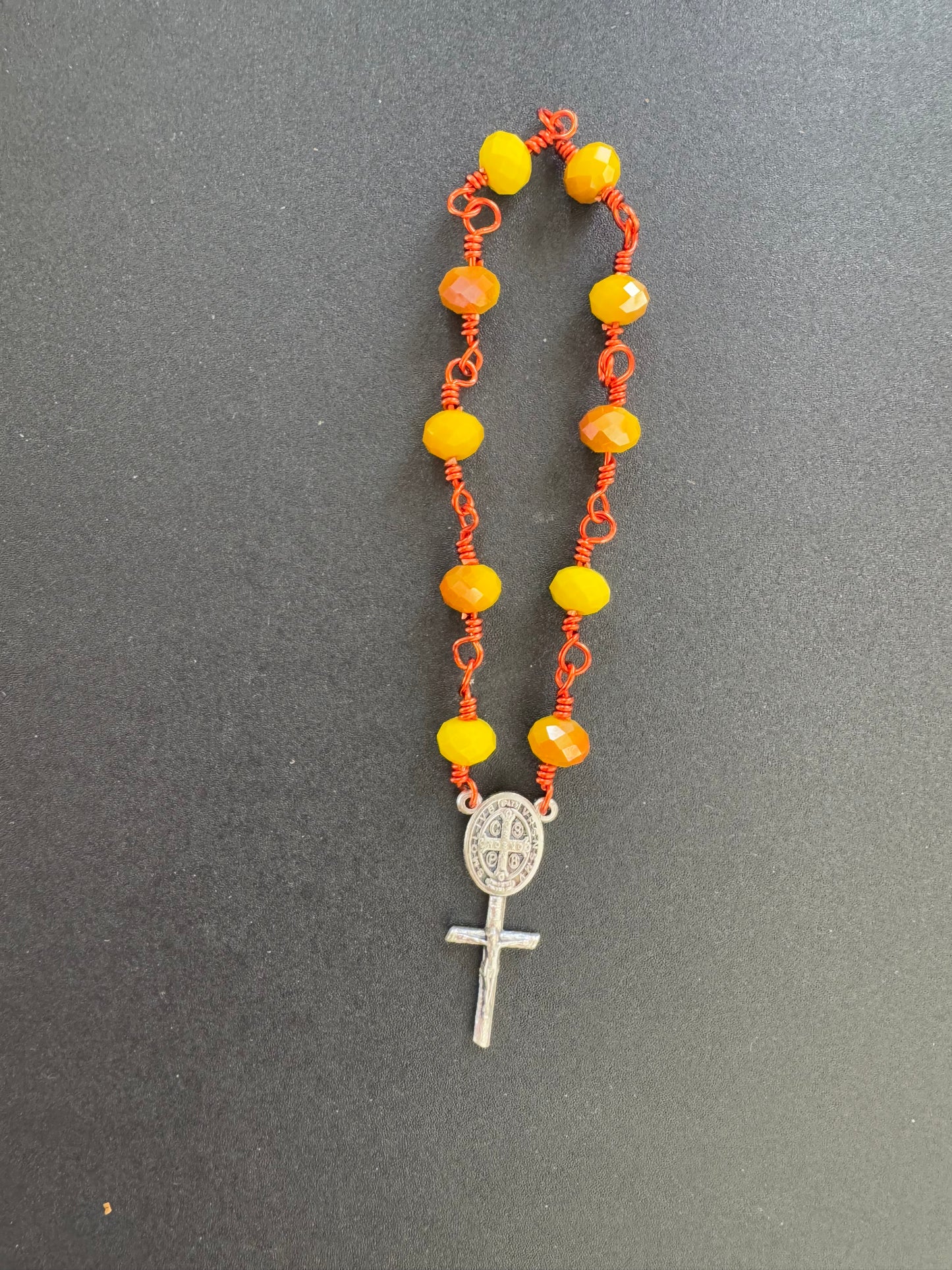 St. Benedict Yellow Glass Bead Pocket Rosary
