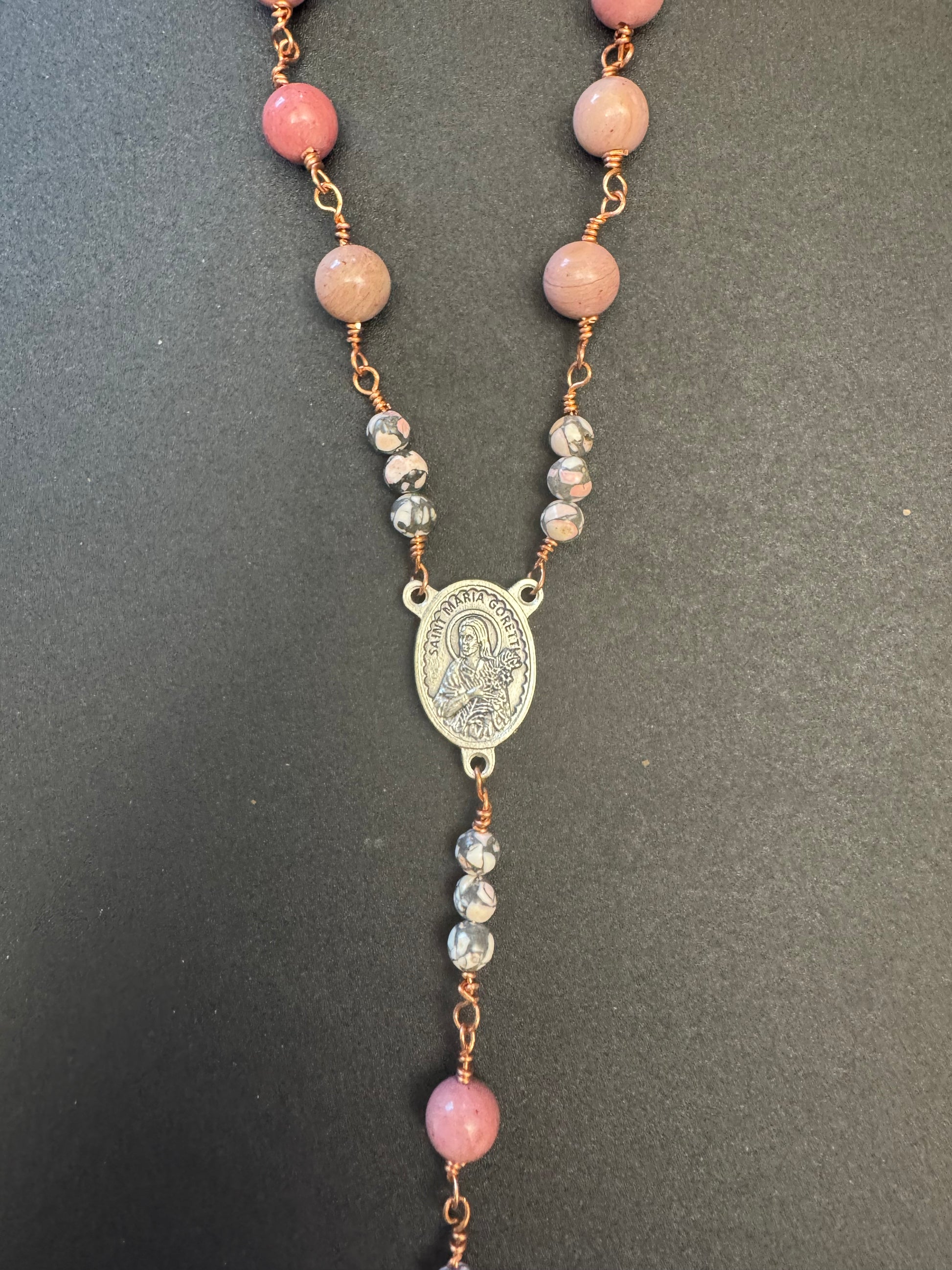 St. Maria Goretti centerpiece on Single Decade Rosary with pink stone beads and wooden crucifix