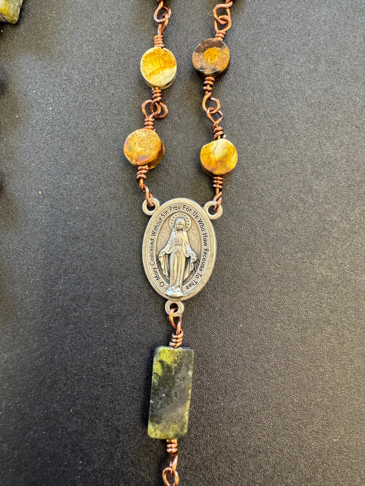 Miraculous medal centerpiece on Flat jasper and serpentine bead full size rosary