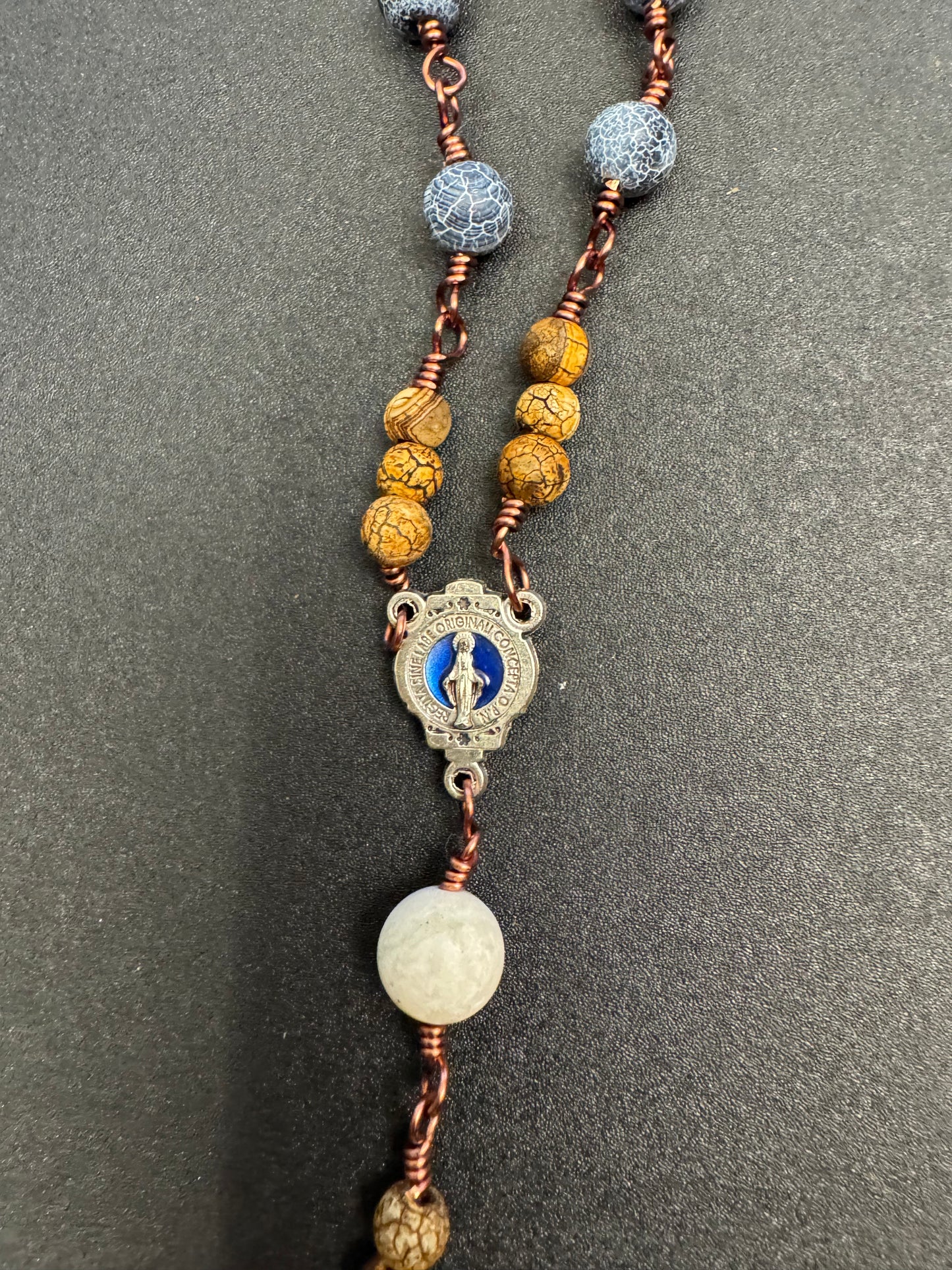 miraculous medal centerpiece on blue matte jasper and sodalite one decade rosary