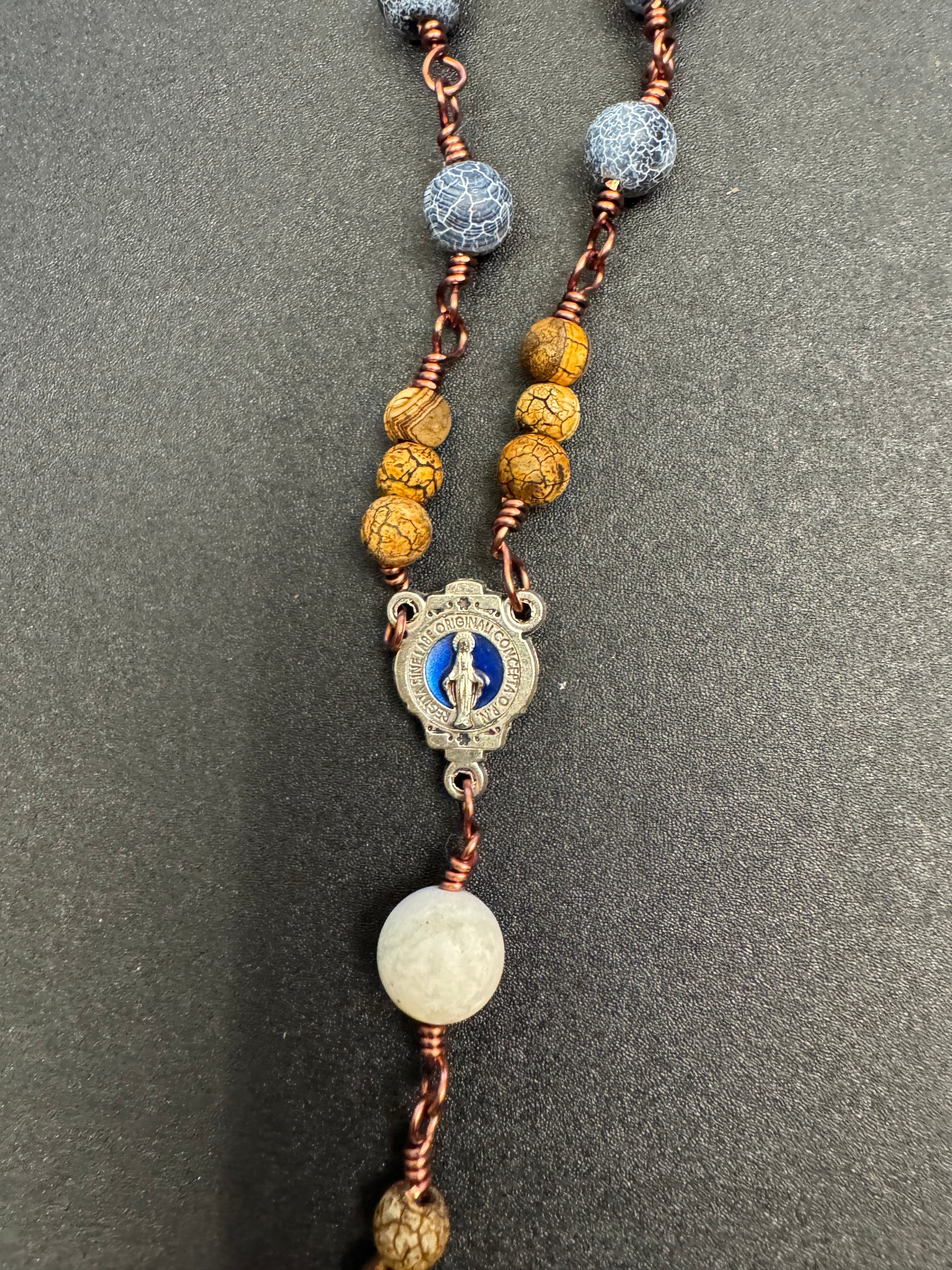 miraculous medal centerpiece on blue matte jasper and sodalite one decade rosary