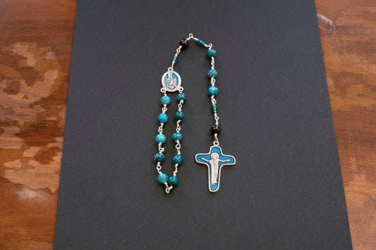 Ocean jasper single decade rosary with blue crucifix and blue guardian angel centerpiece