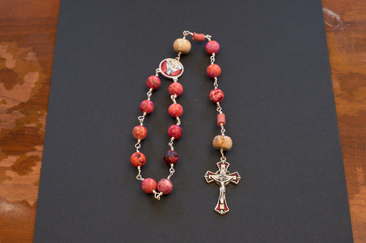 Sacred heart of Jesus single decade rosary with pinkish orange beads and red accented crucifix