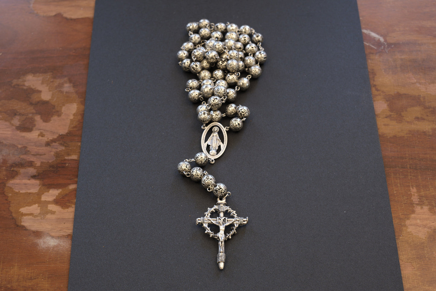 Silver lava bead crown of thorns rosary
