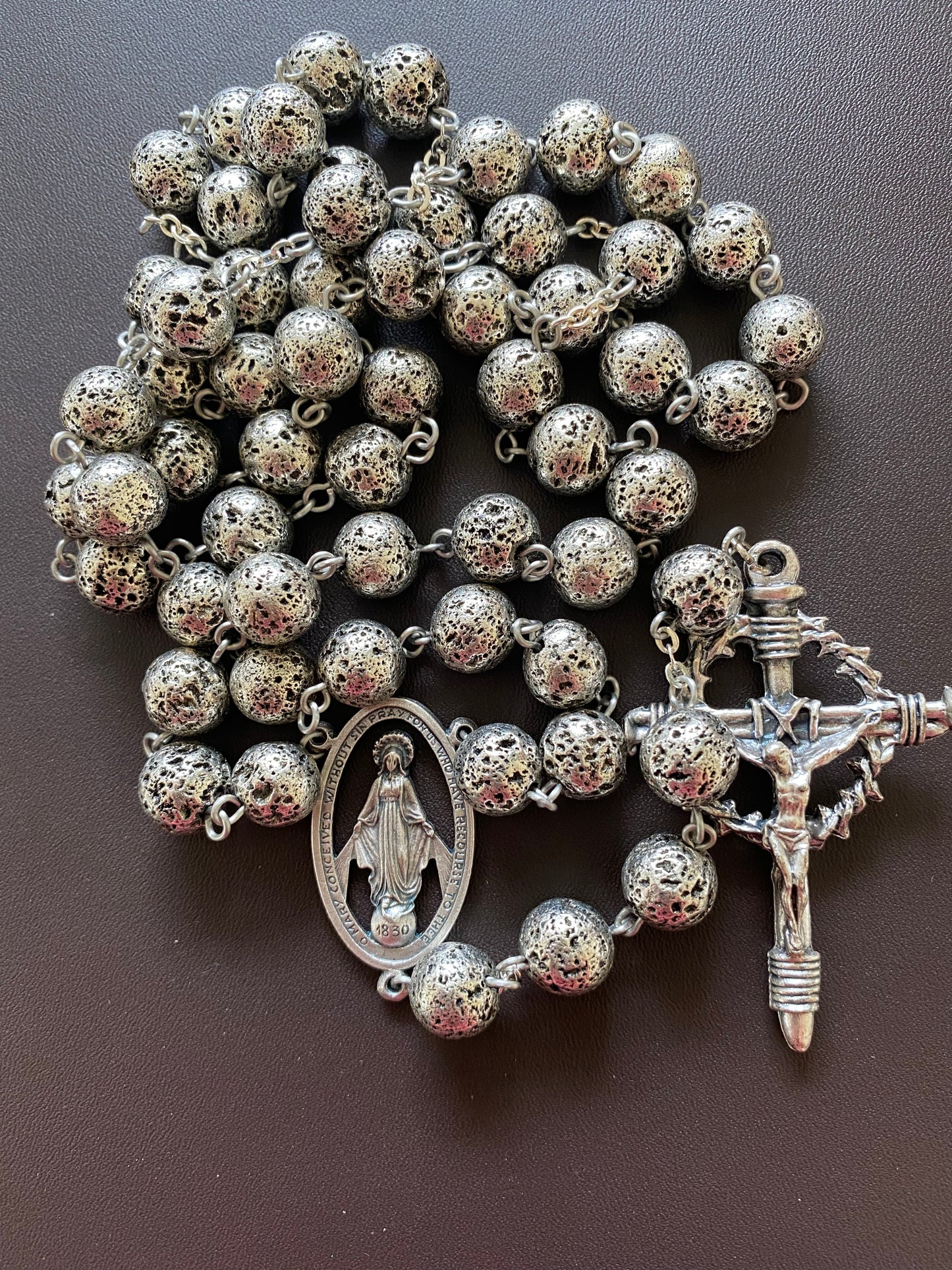 Silver lava bead crown of thorns rosary