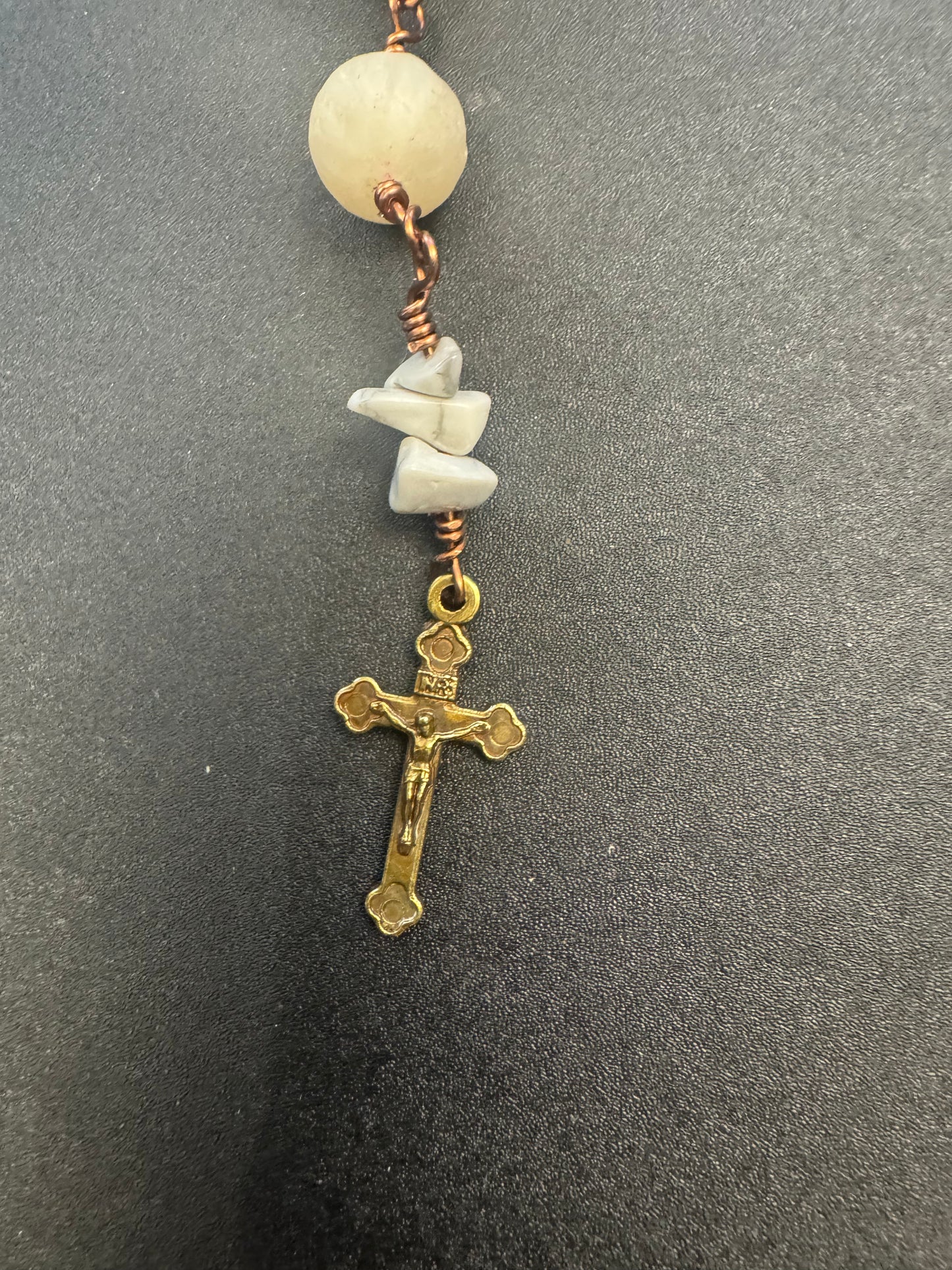 small bronze crucifix on brown agate single decade rosary