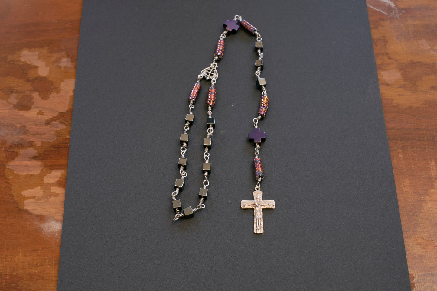 single decade rosary with square hematite beads