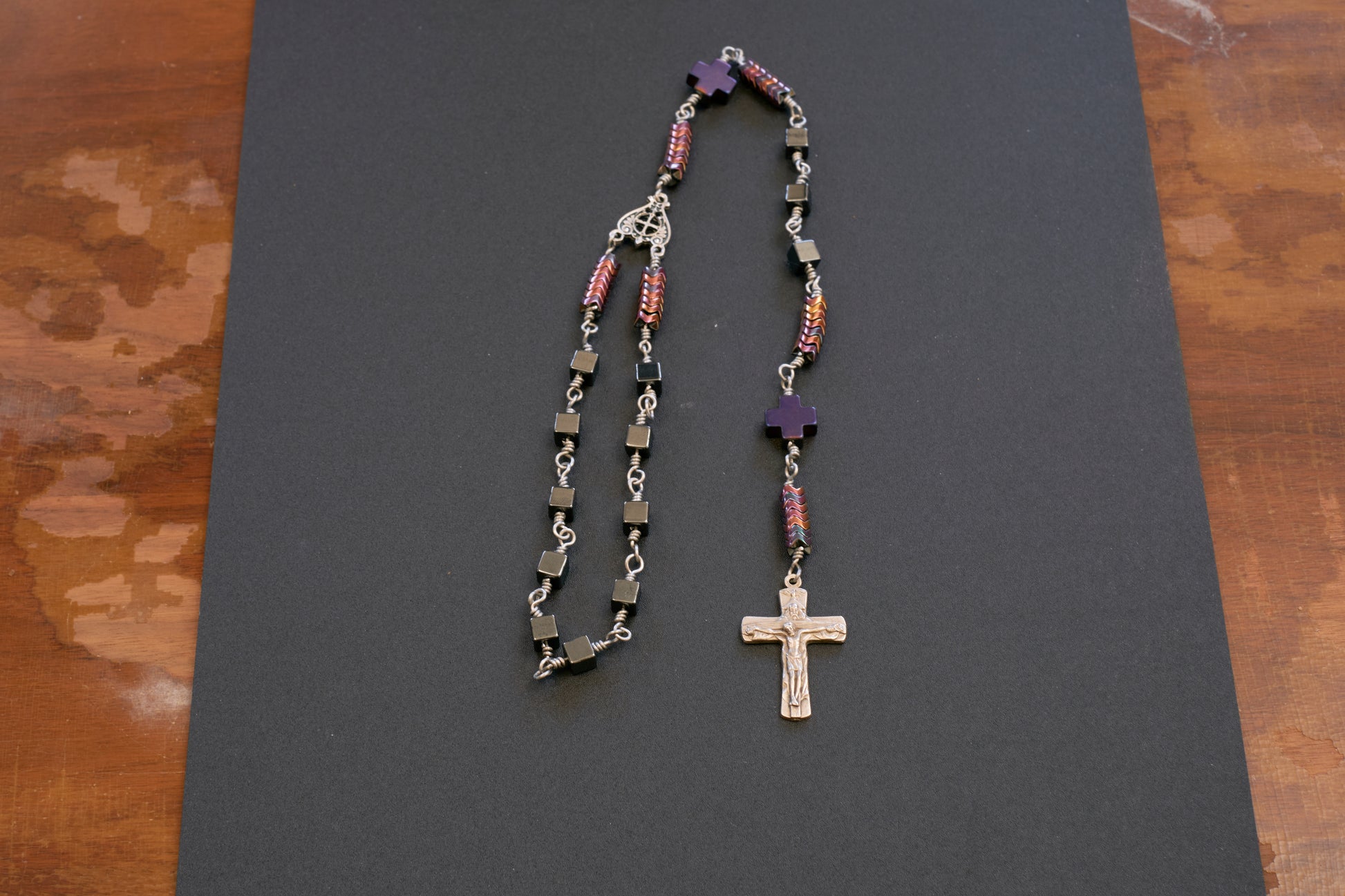 single decade rosary with square hematite beads