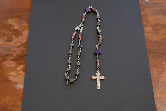 single decade rosary with square hematite beads