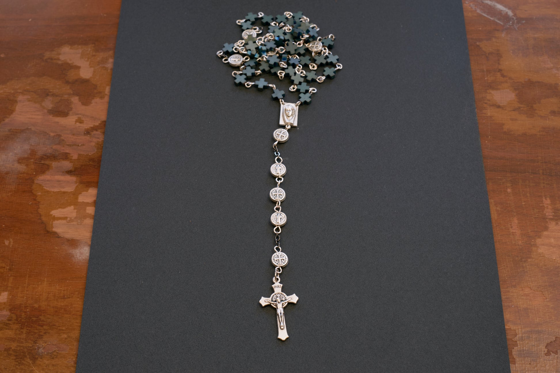 full size rosary with frosted hematite cross beads and st. Benedict medal beads