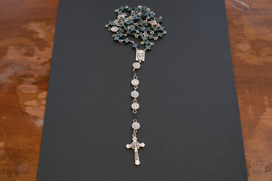 full size rosary with frosted hematite cross beads and st. Benedict medal beads