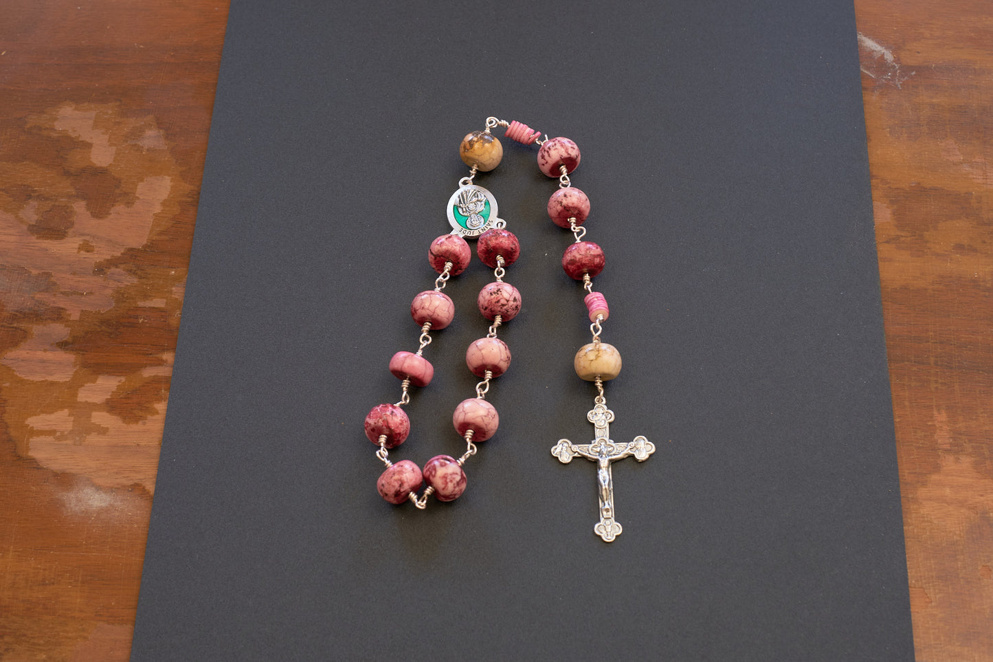 St. Jude Single Decade Rosary With pink stone beads and green accented centerpiece