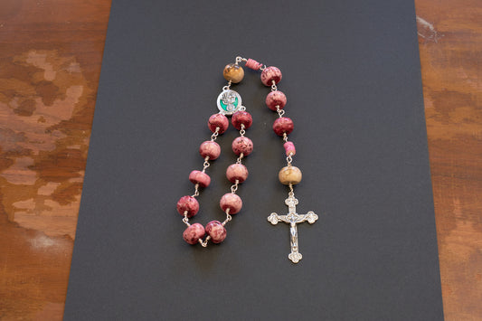 St. Jude Single Decade Rosary With pink stone beads and green accented centerpiece