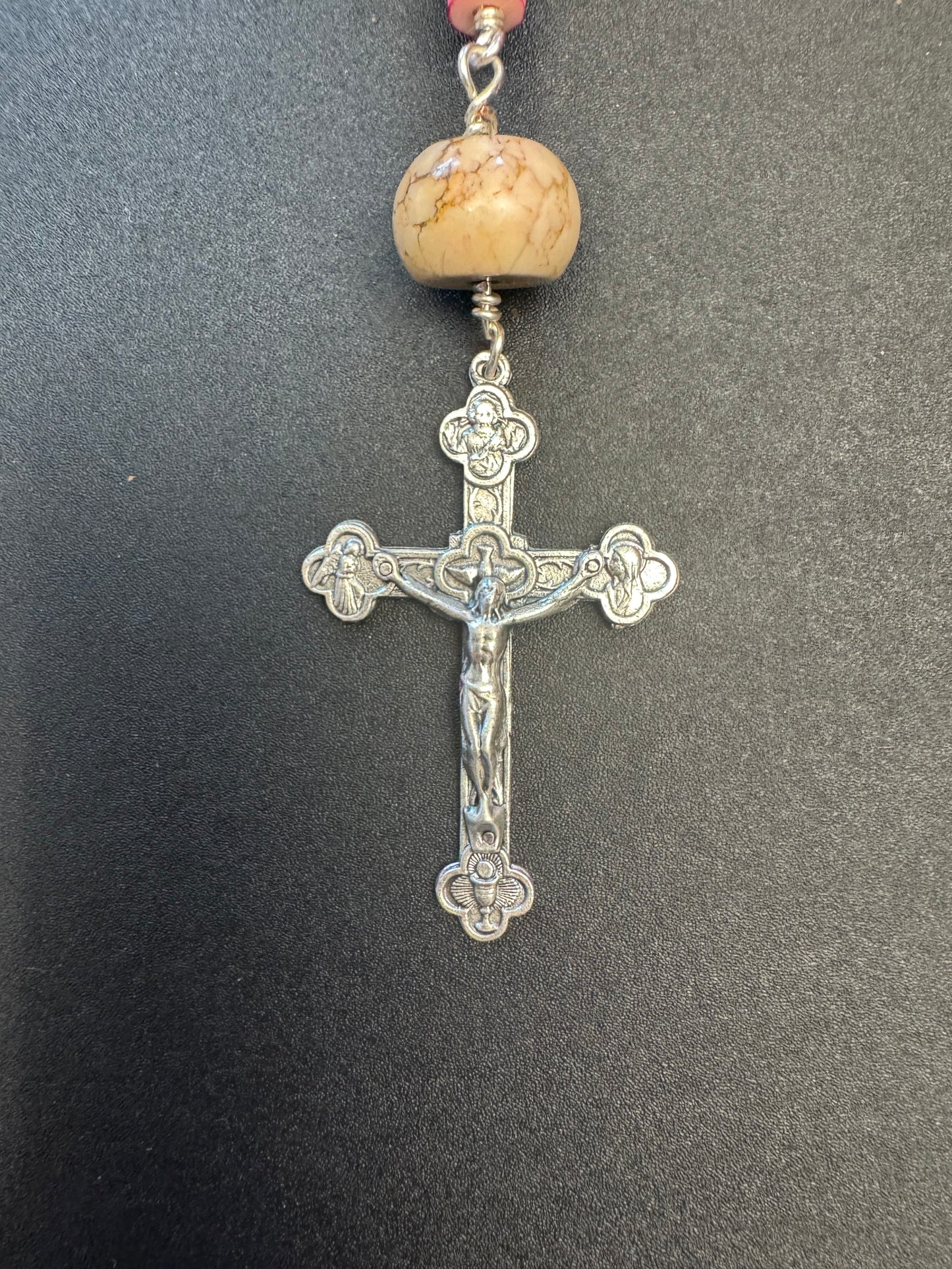 Crucifix on St. Jude Single Decade Rosary With pink stone beads and green accented centerpiece
