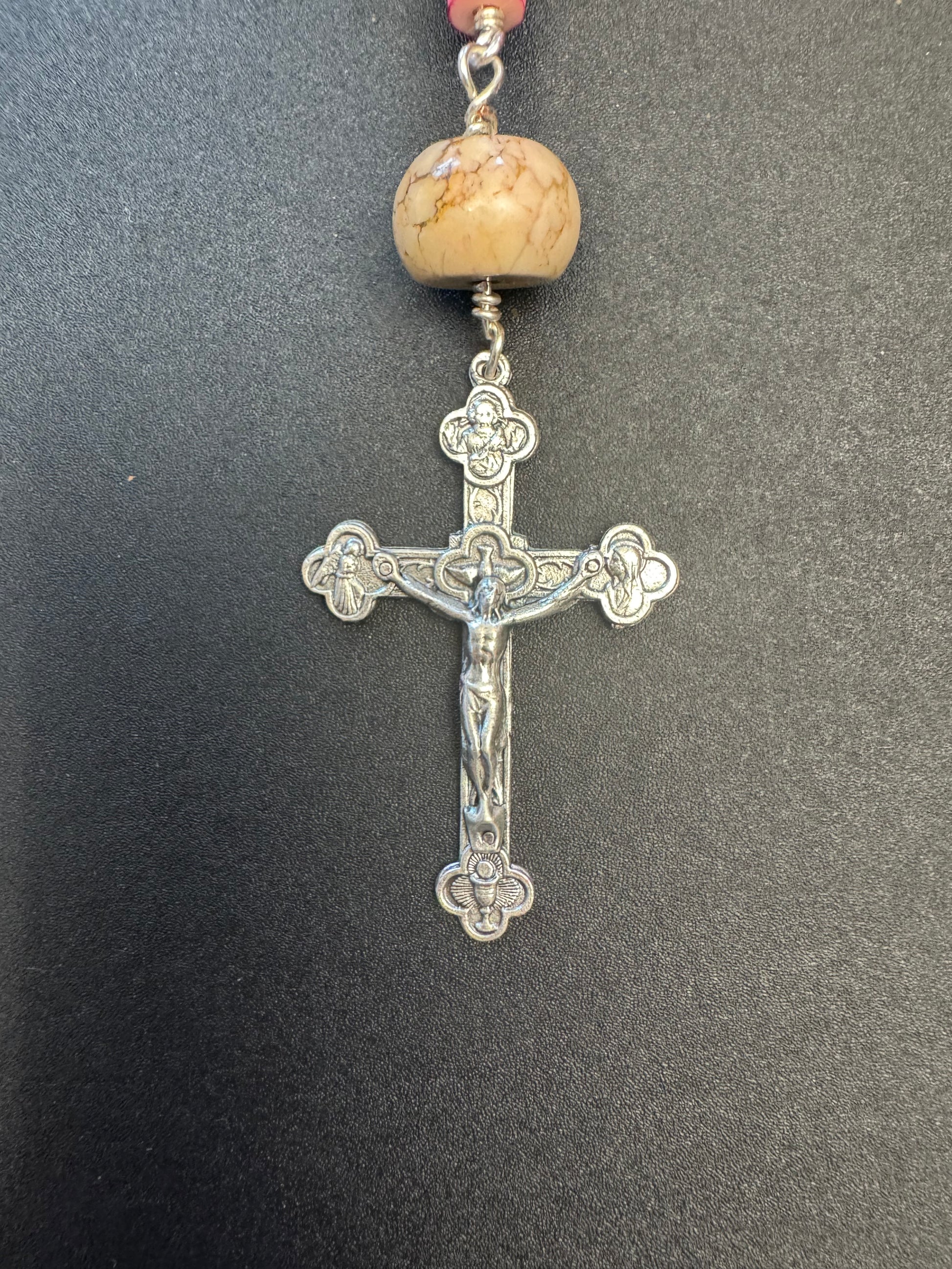 Crucifix on St. Jude Single Decade Rosary With pink stone beads and green accented centerpiece