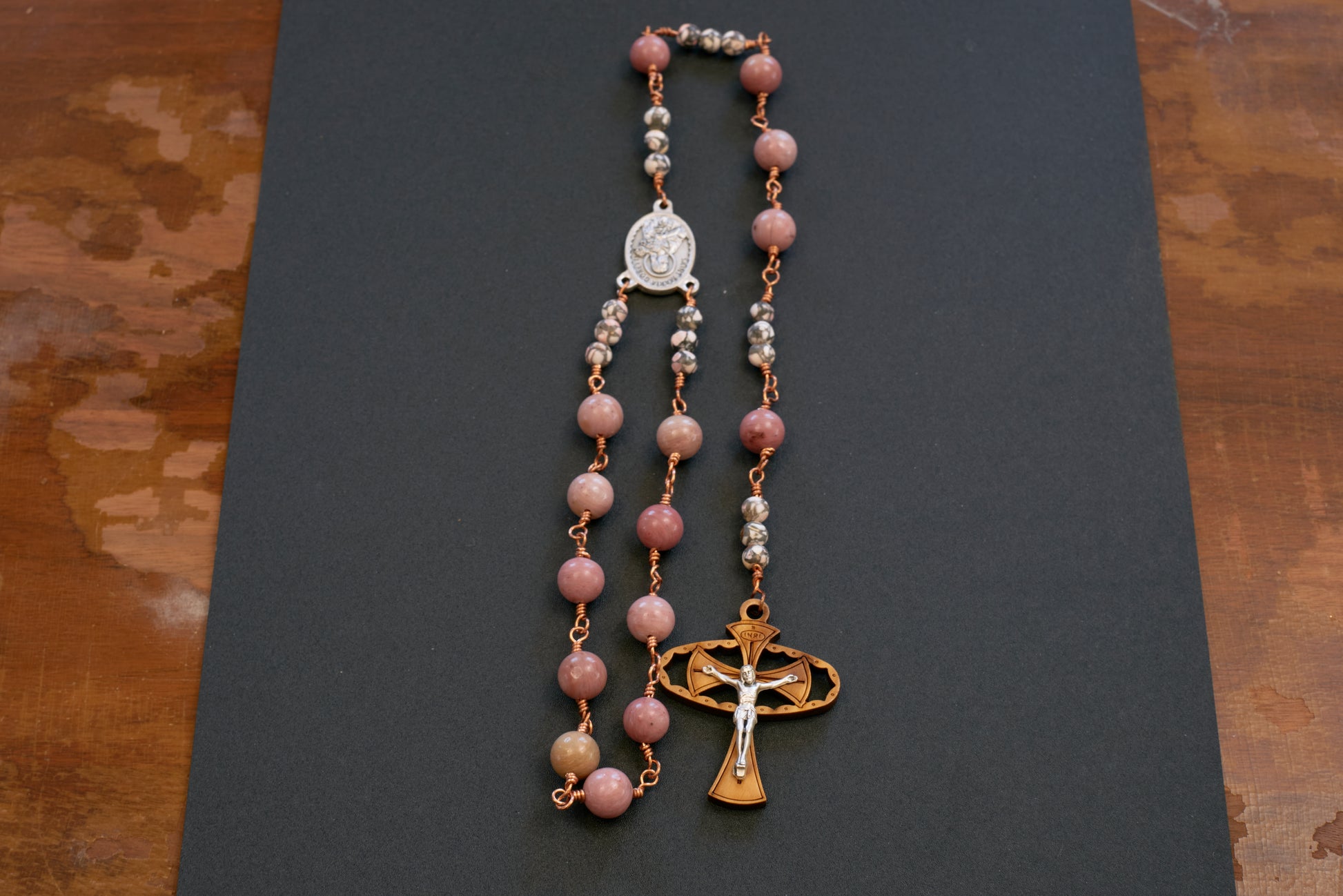 St. Maria Goretti Single Decade Rosary with pink stone beads and wooden crucifix