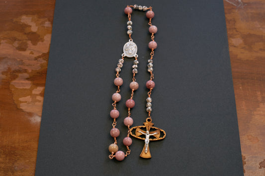St. Maria Goretti Single Decade Rosary with pink stone beads and wooden crucifix