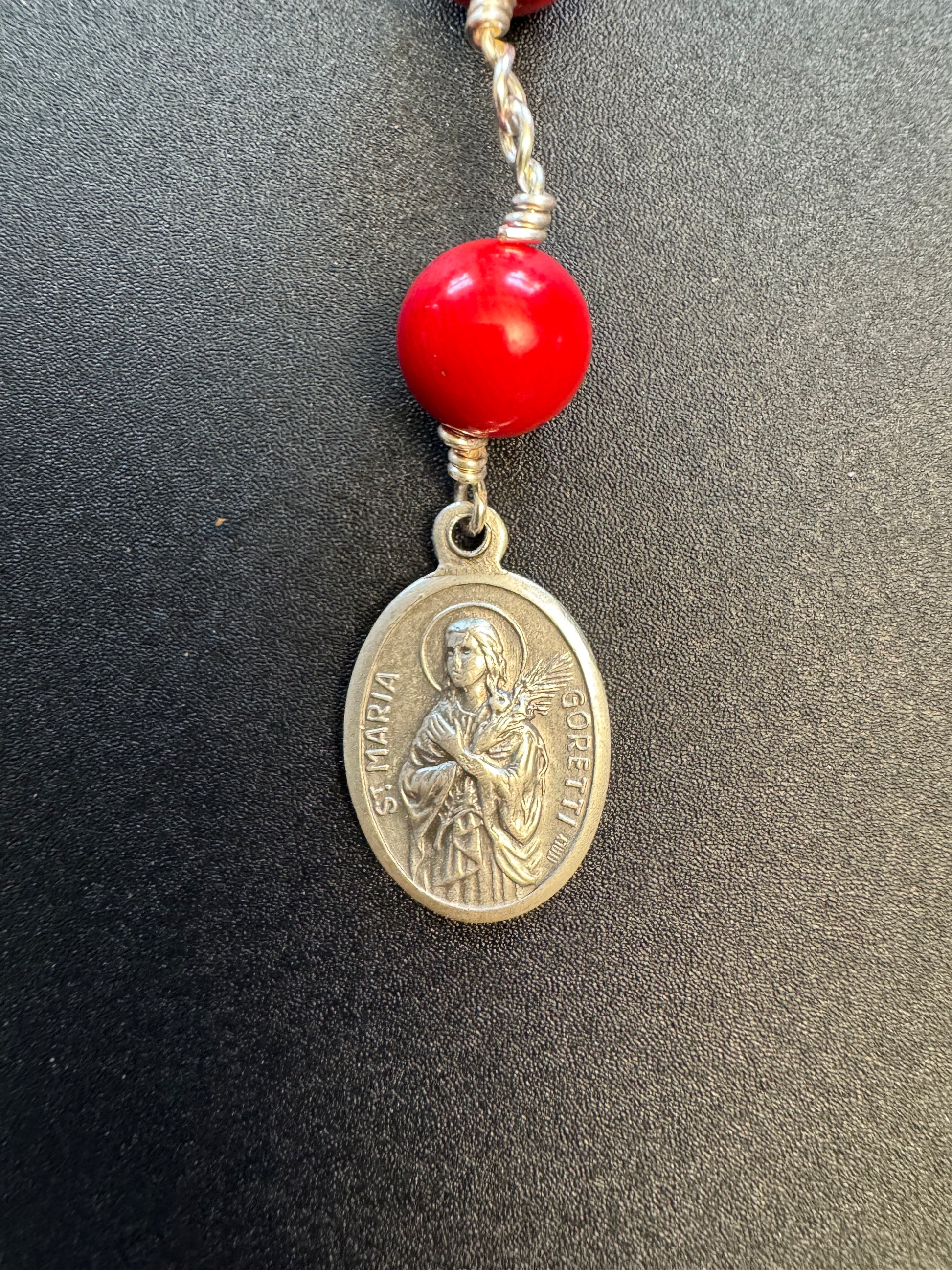 St. Maria Goretti medal on red stone bead pocket rosary