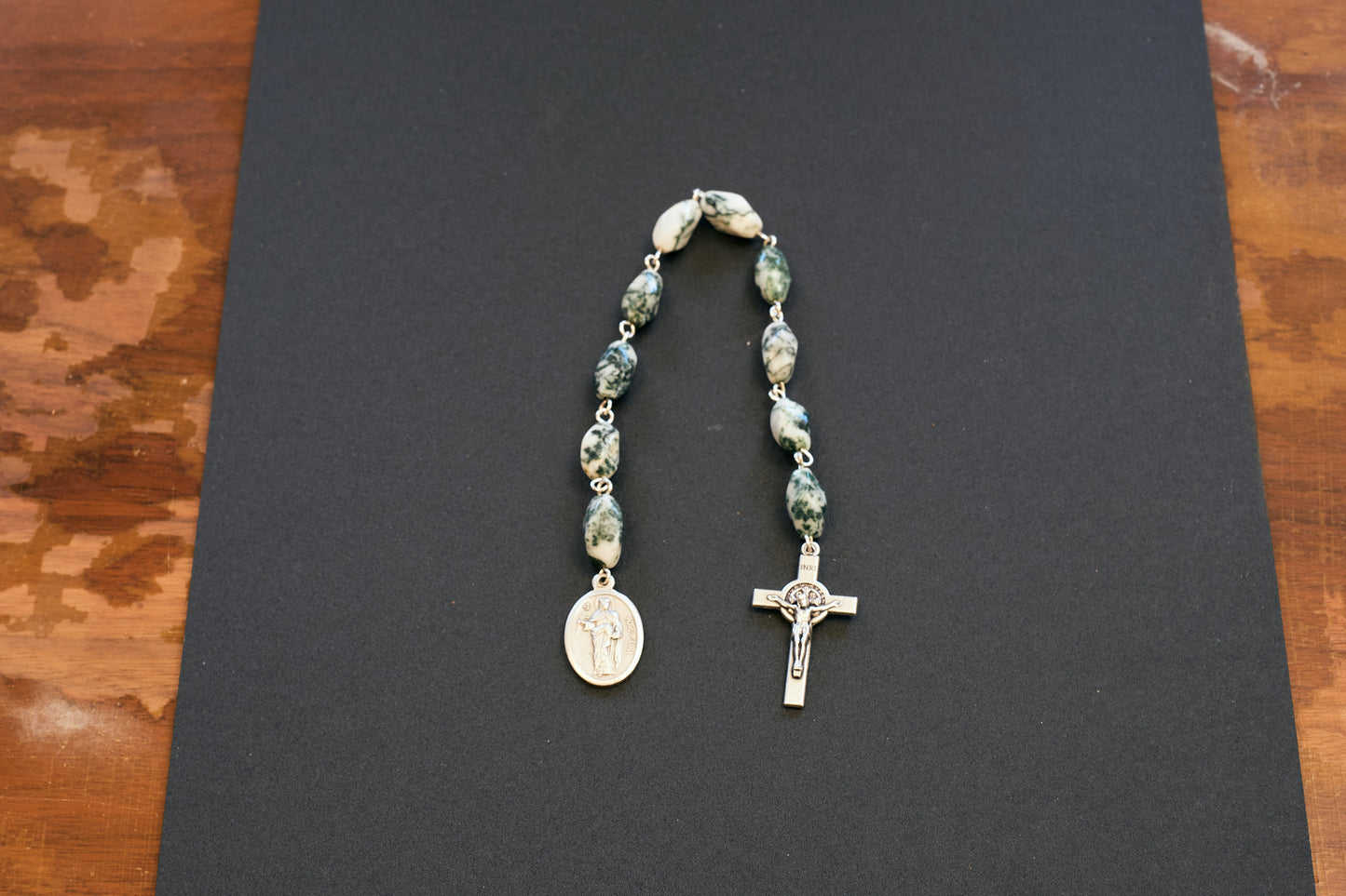 St. Rose of Lima Pocket Rosary with green and white swirl stone beads