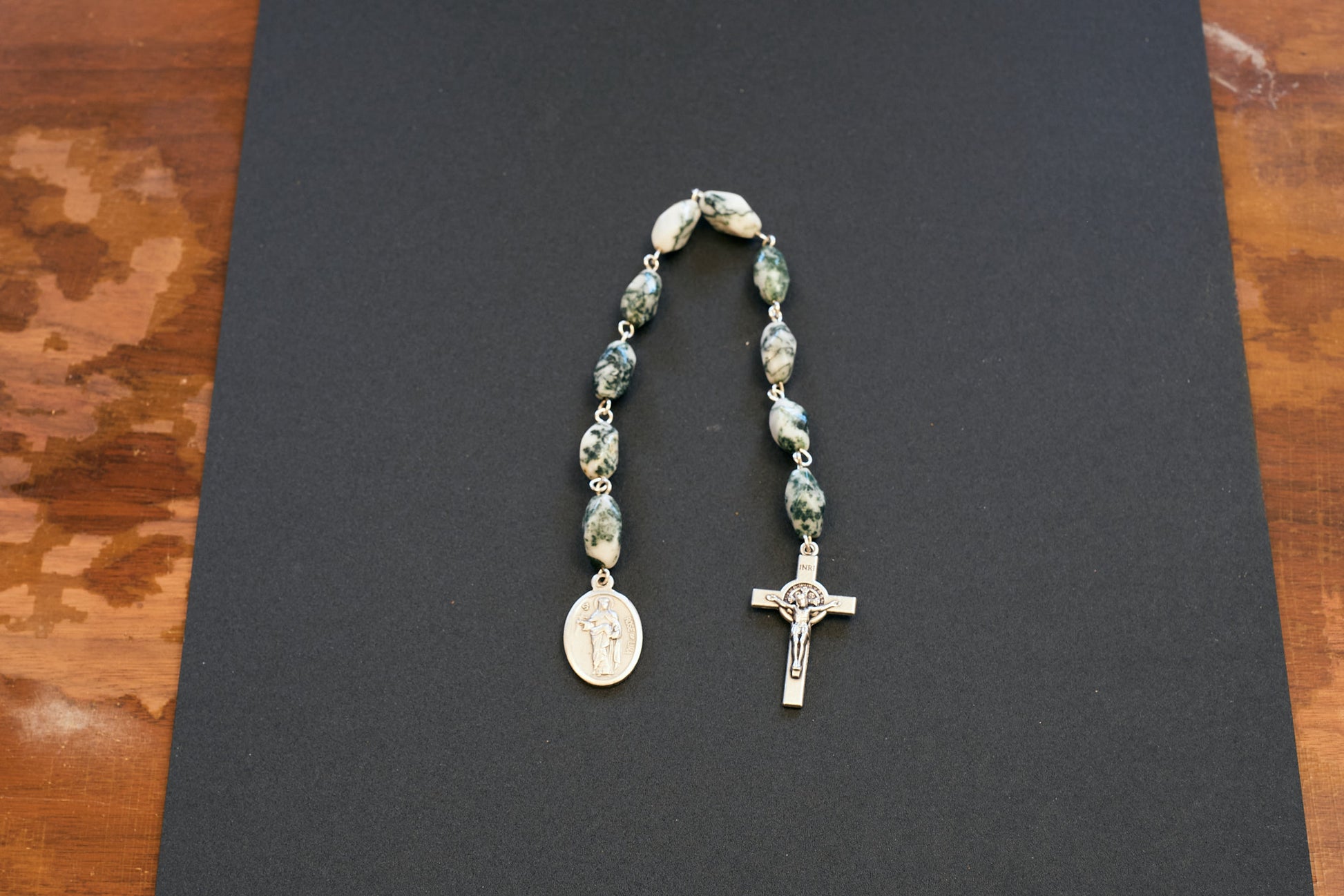 St. Rose of Lima Pocket Rosary with green and white swirl stone beads