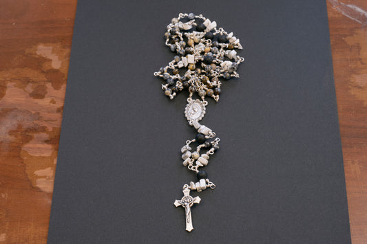 full size rosary with gray and black stone beads