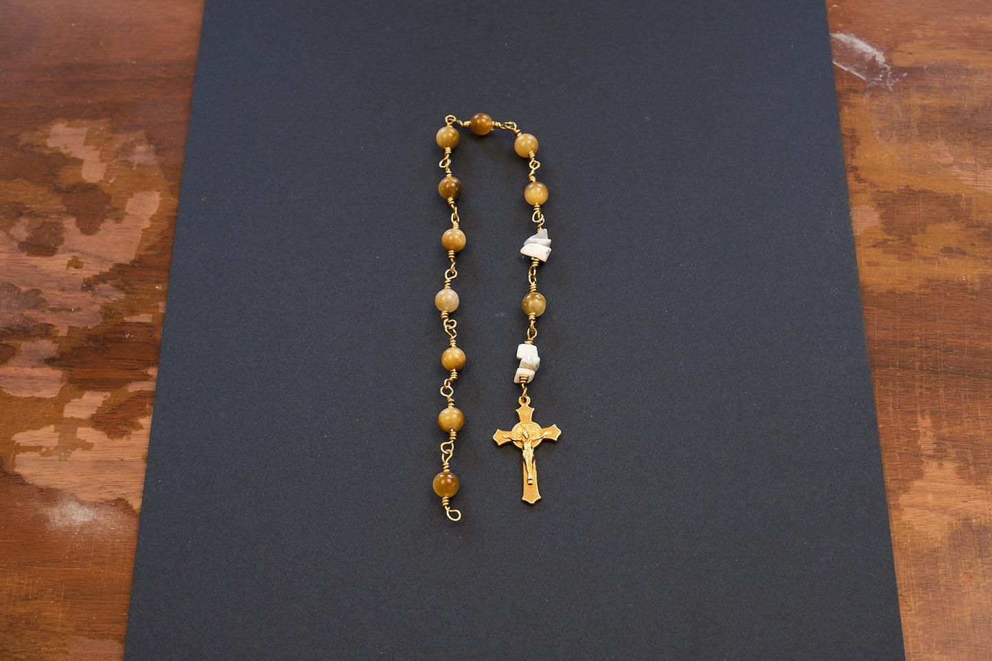 Tiger eye pocket rosary with gold plated wire and crucifix