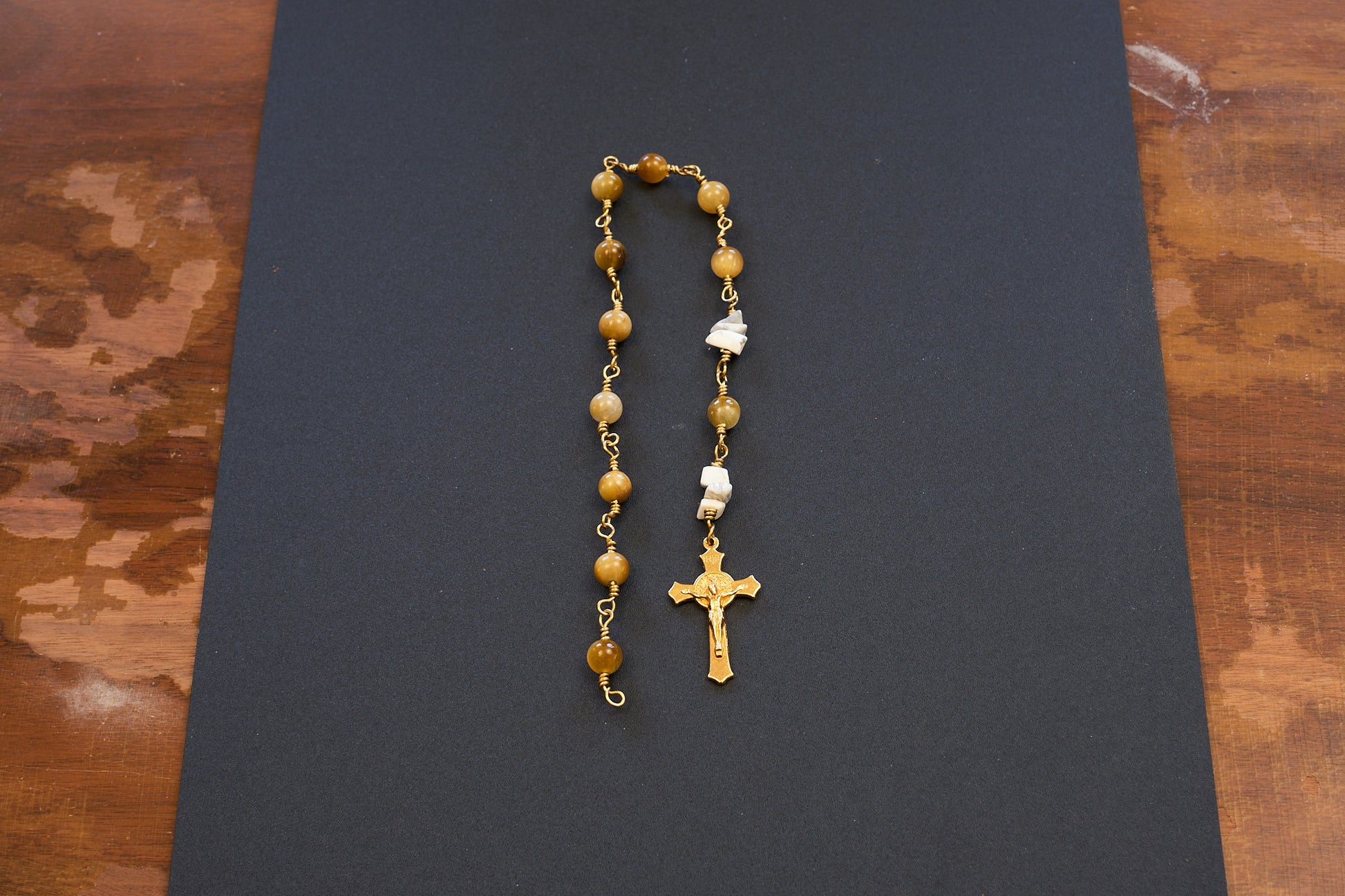 Tiger eye pocket rosary with gold plated wire and crucifix