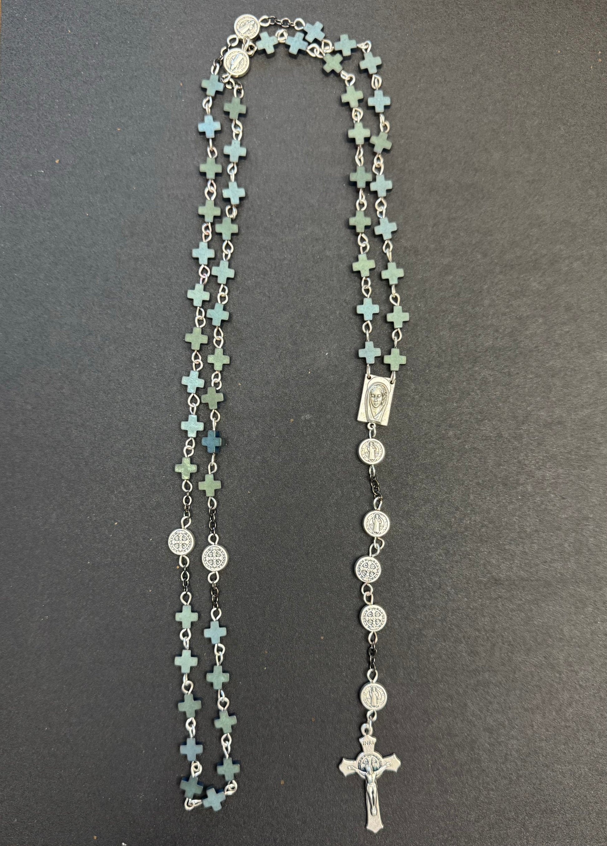 full size rosary with frosted hematite cross beads and st. Benedict medal beads