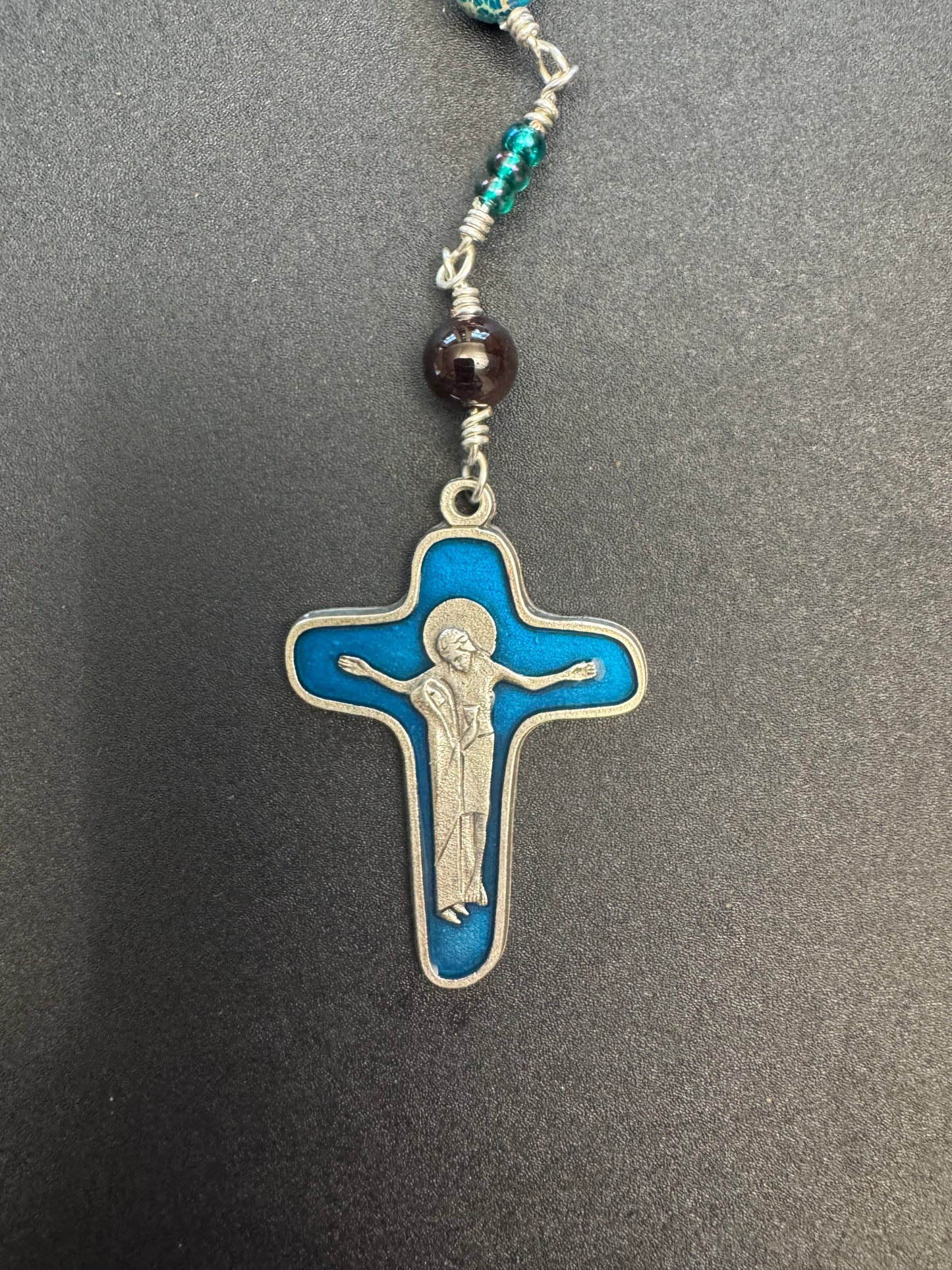 Blue crucifix on Ocean jasper single decade rosary