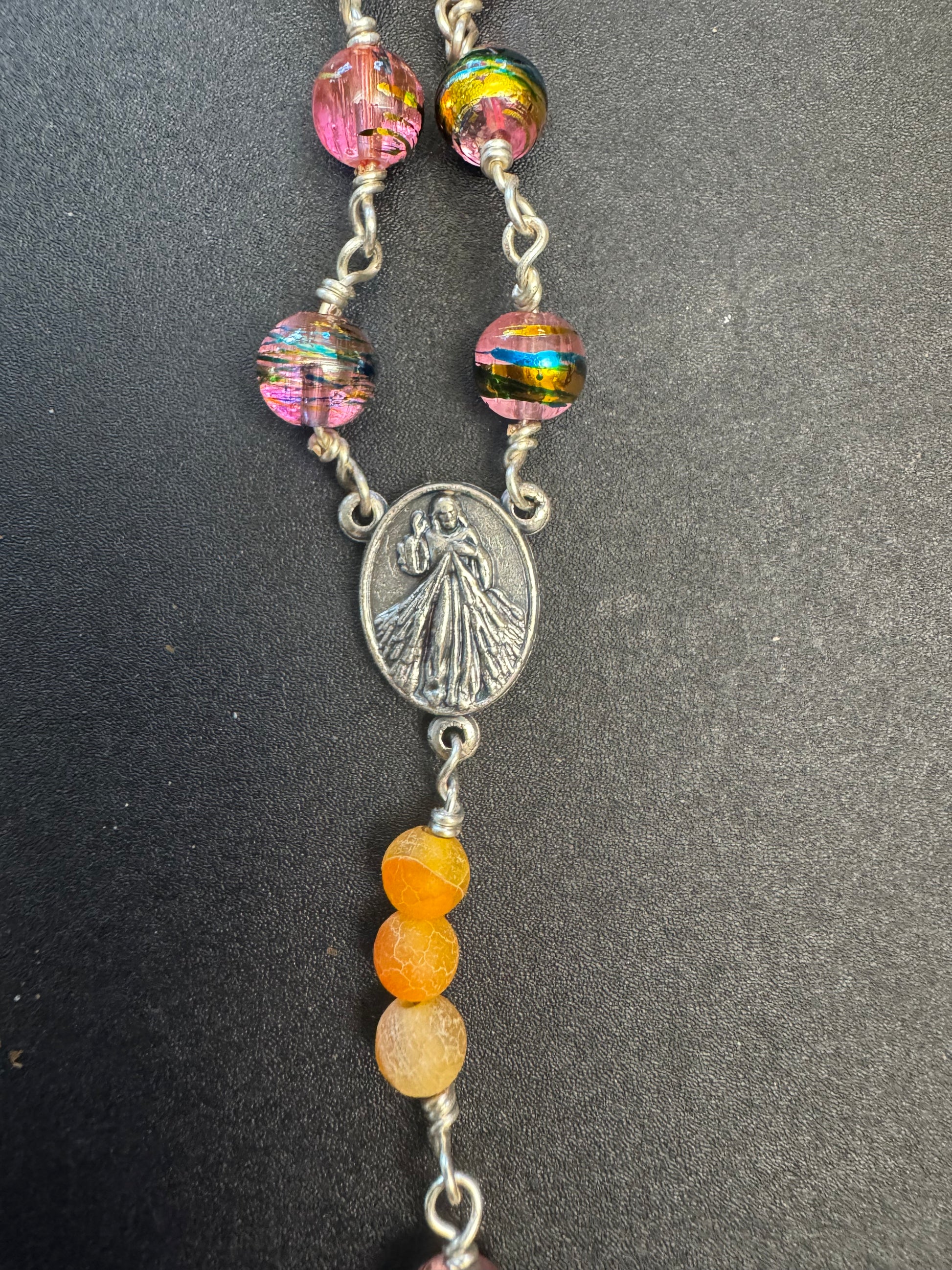 Divine mercy Jesus centerpiece on full size rosary with multicolored glass and orange agate beads