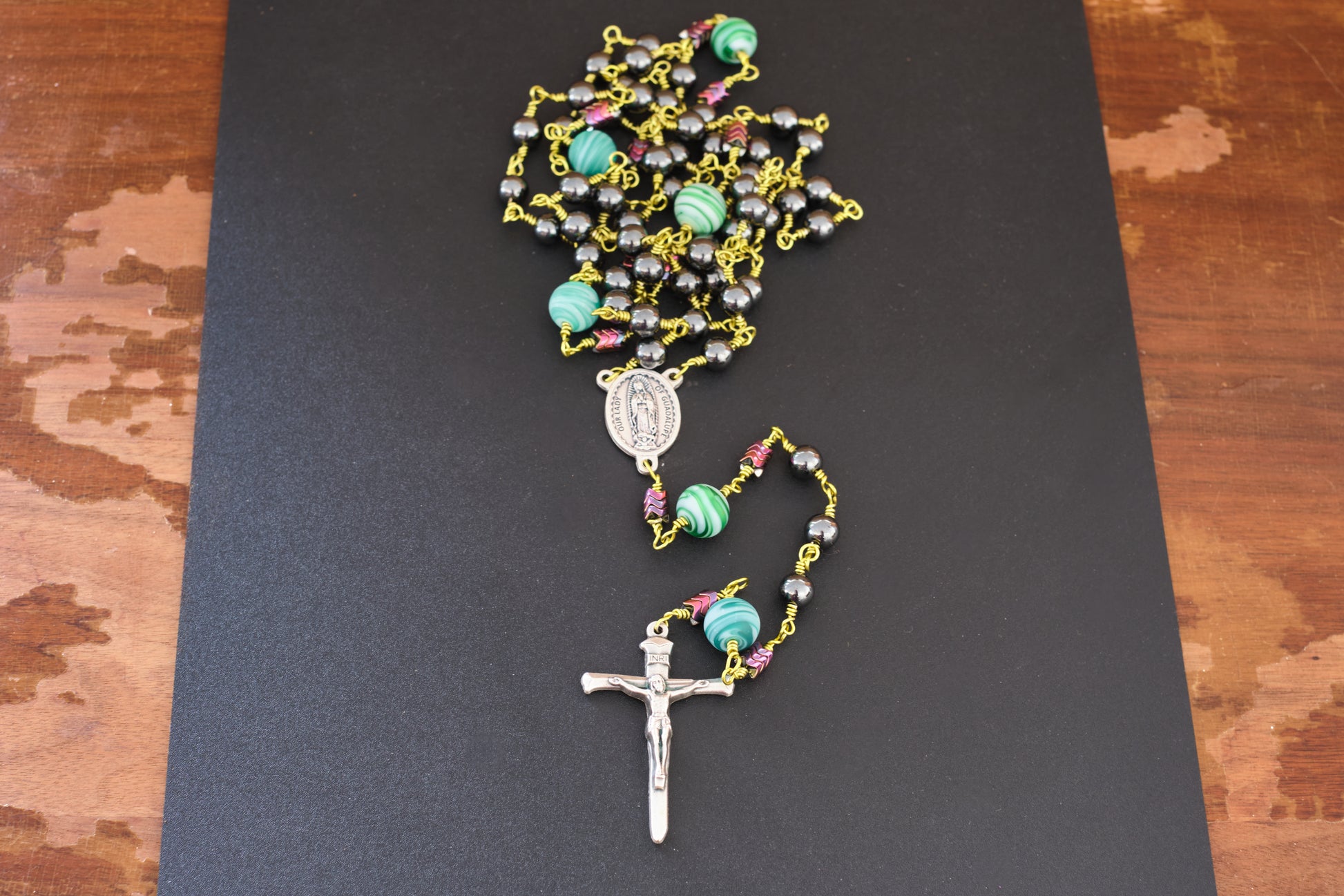 hematite rosary with green wire