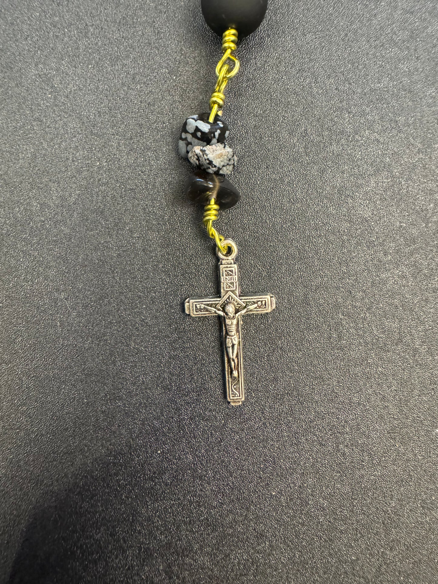 Crucifix on single decade rosary with matte black agate and green serpentine beads with lime green colored wire