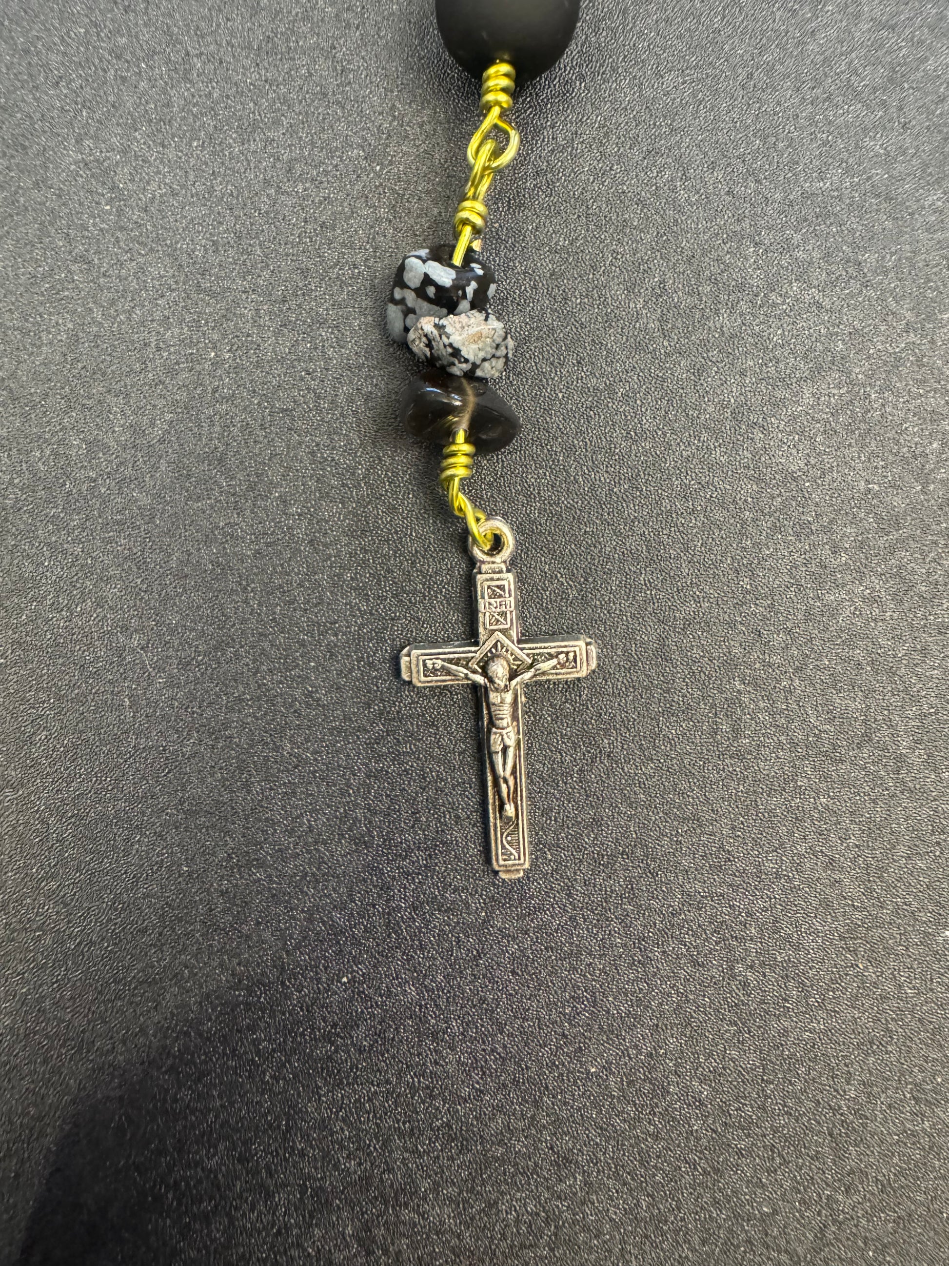 Crucifix on single decade rosary with matte black agate and green serpentine beads with lime green colored wire