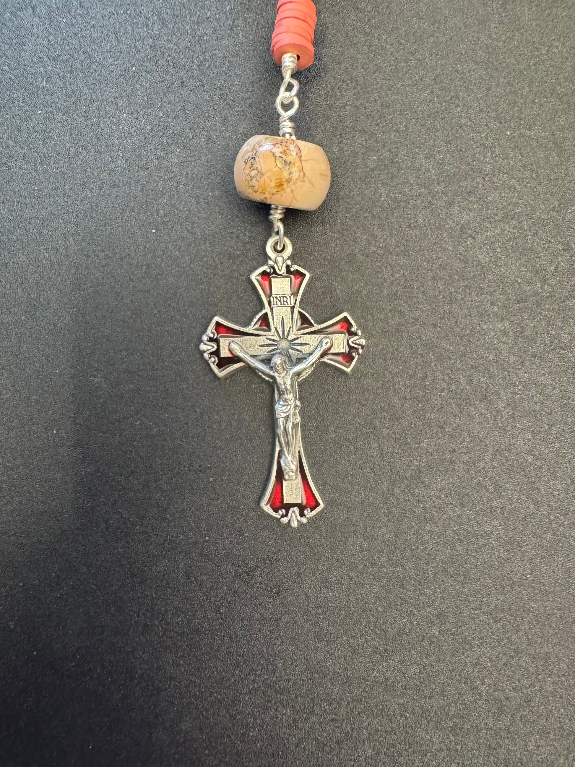 Red accented crucifix on Sacred heart of Jesus single decade rosary with pinkish orange beads