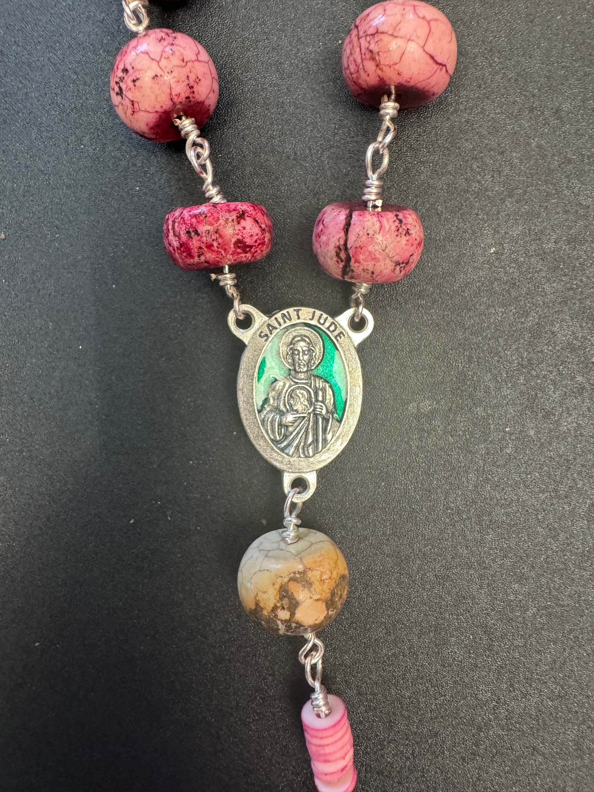 St. Jude green accented centerpiece on Single Decade Rosary With pink stone beads 